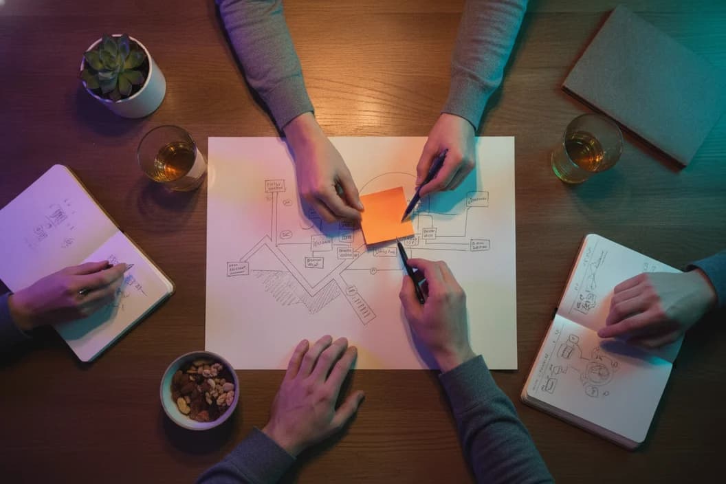 Des mains dessinent un flux de travail sur une grande feuille, entourées de carnets